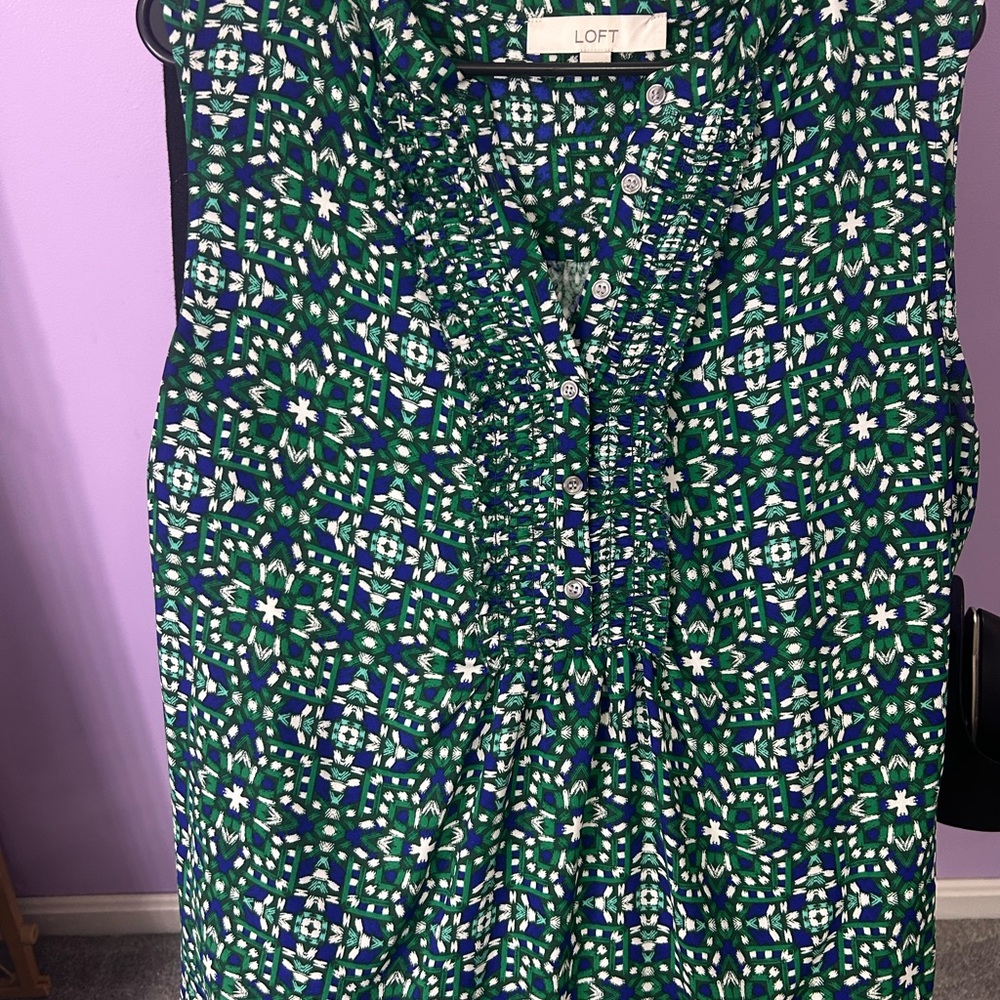 LOFT Green and Blue Geometric Ruffle-Front Sleeveless Camisole
